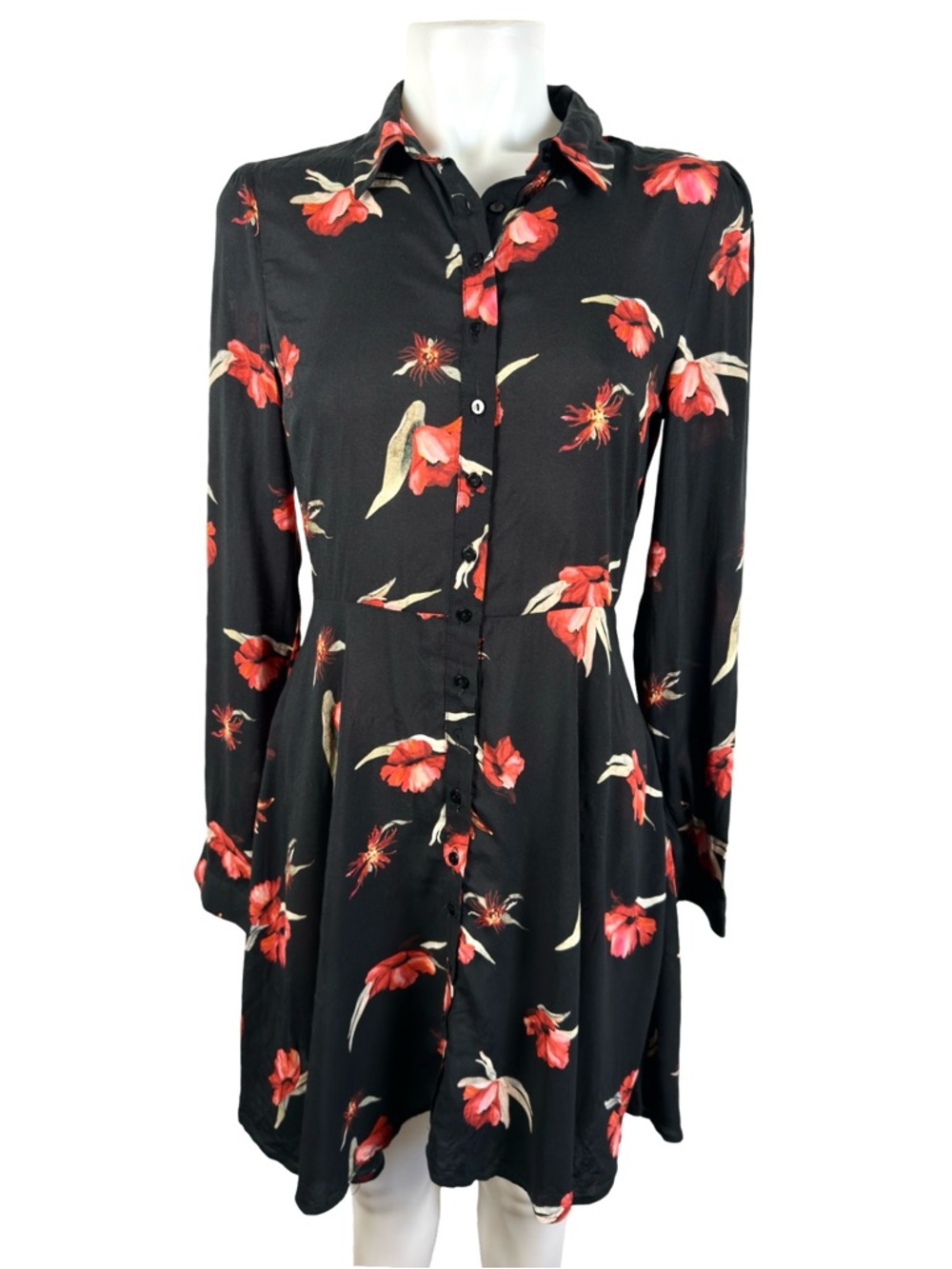 Zara Dolly Black & Red Poppies Dress Fit and Flare Long Sleeve Shirt Dress XS - Picture 3 of 12